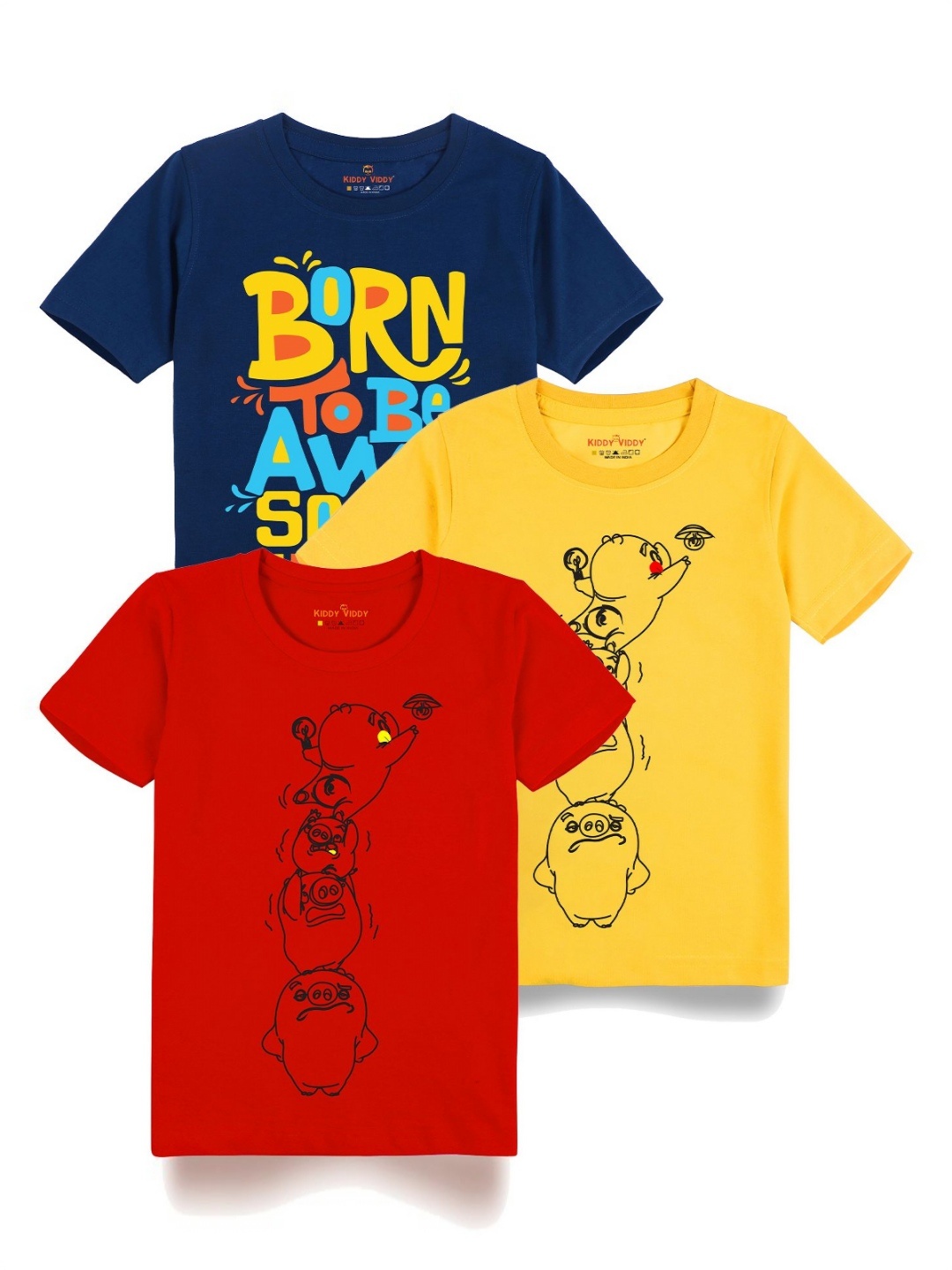 

AUSK Boys Pack Of 3 Graphic Printed Round Neck Cotton T-shirts, Yellow