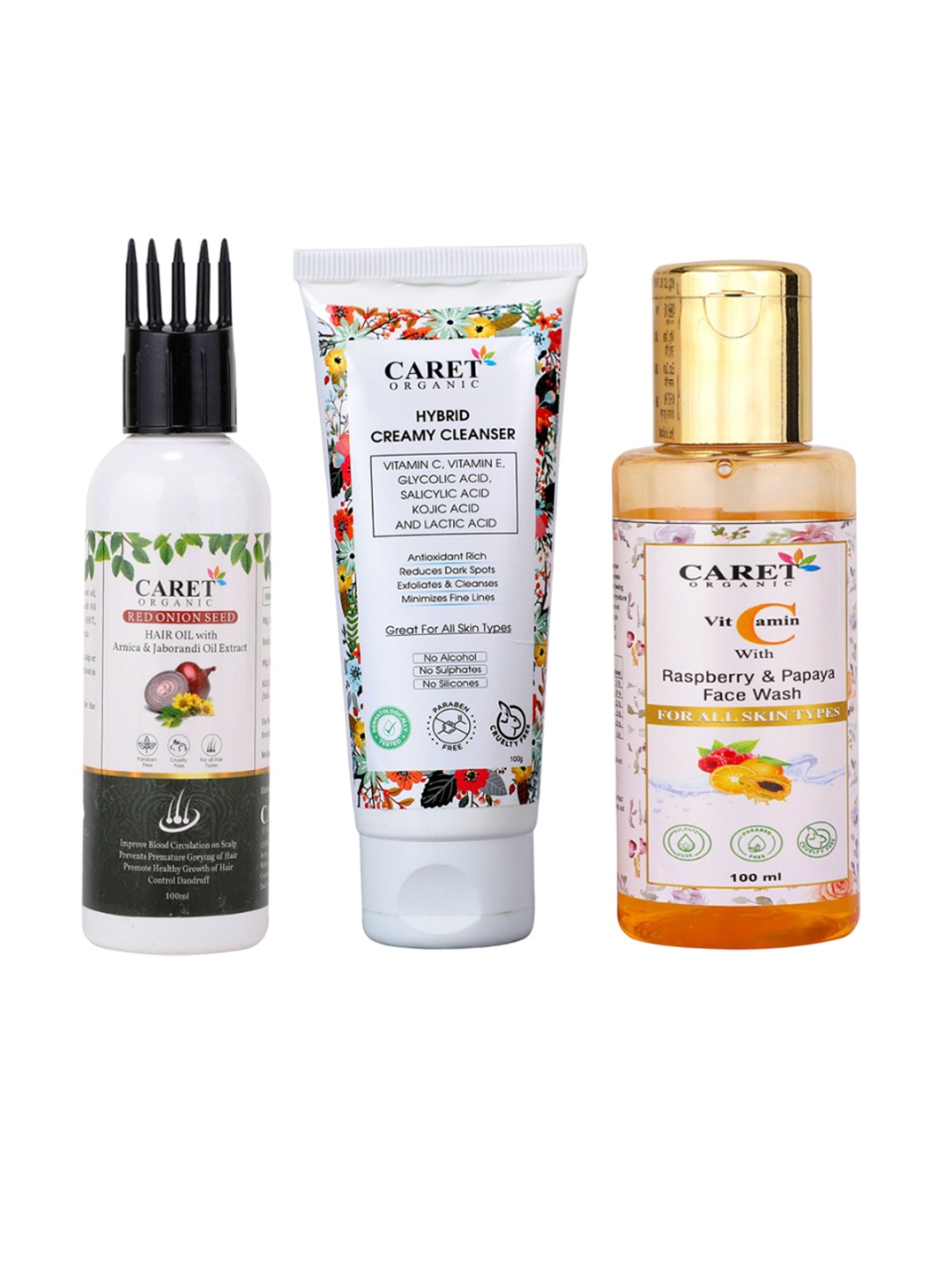 

CARET ORGANIC Red Onion Seed Hair Oil, Hybrid Cleanser & Vitamin C With Raspberry Facewash, White