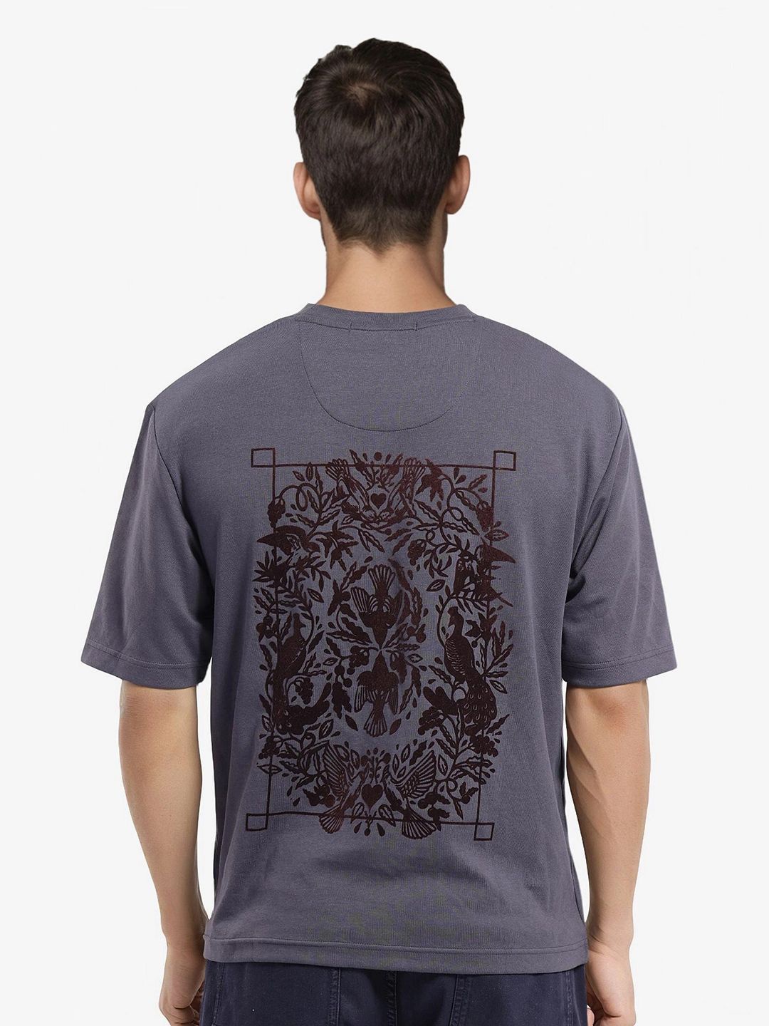 

RARE RABBIT Men Graphic Printed Round Neck Cotton Oversized T-shirt, Grey
