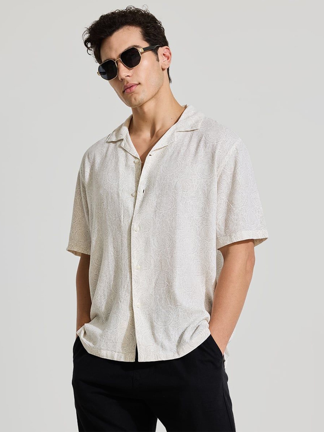 

Snitch Men Relaxed Cuban Collar Floral Printed Cotton Linen Casual Shirt, Beige