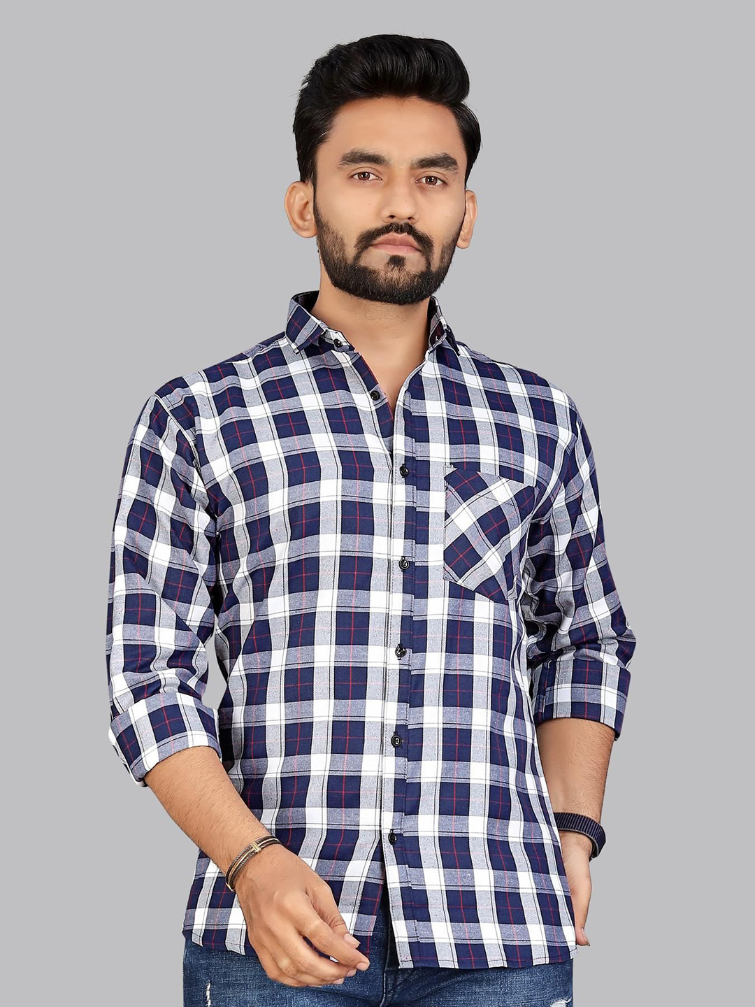 

ADWYN PETER Men Classic Spread Collar Gingham Checked Cotton Casual Shirt, Navy blue