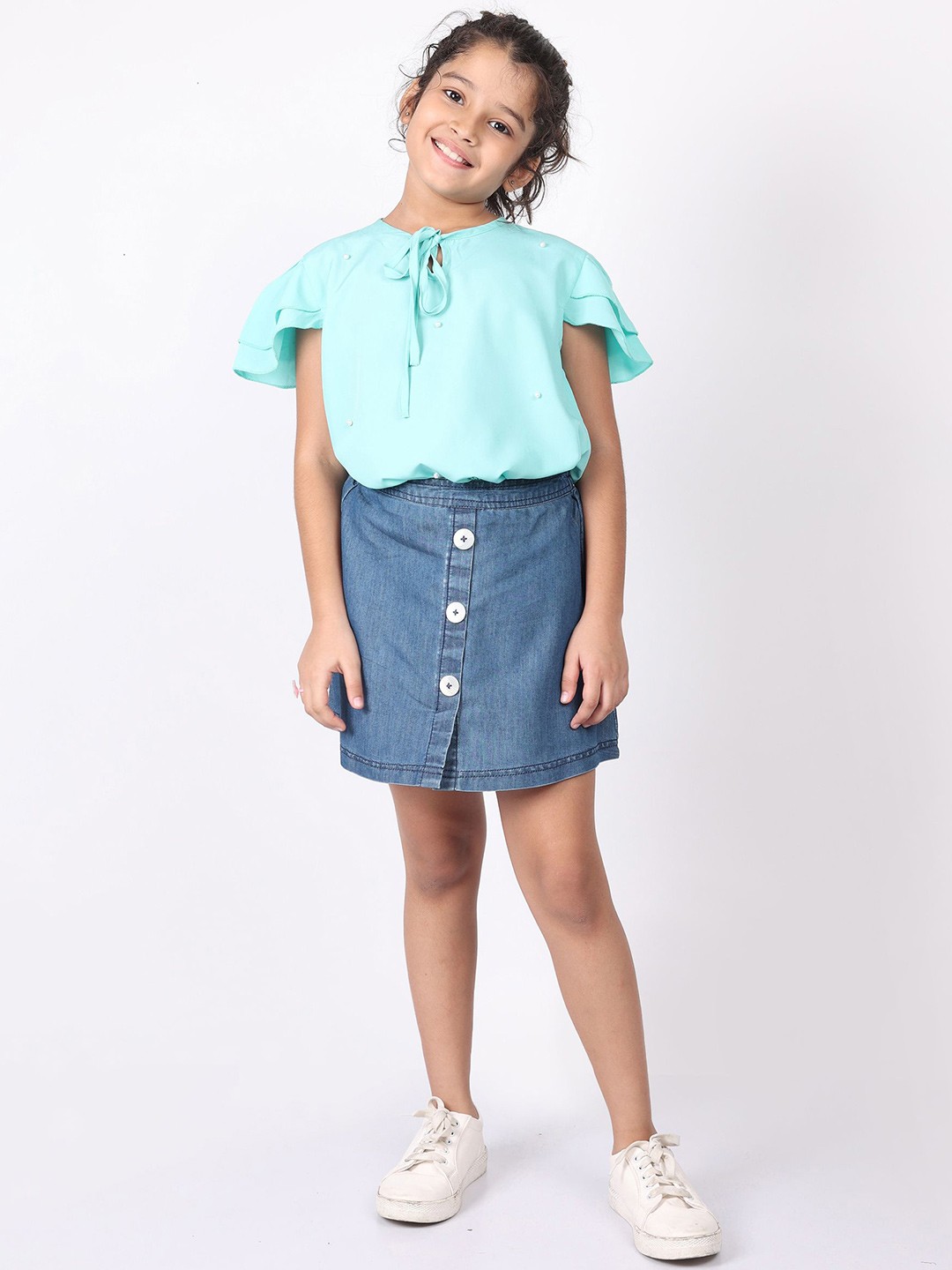 

SILK SPARROW Girls Embellished Top with Skirt, Sea green
