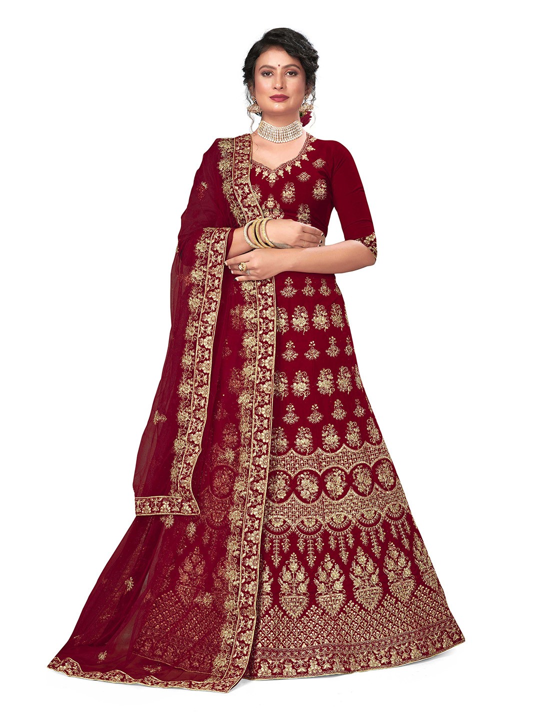 

Maroosh Embellished Thread Work Unstitched Lehenga & Blouse With Dupatta, Maroon