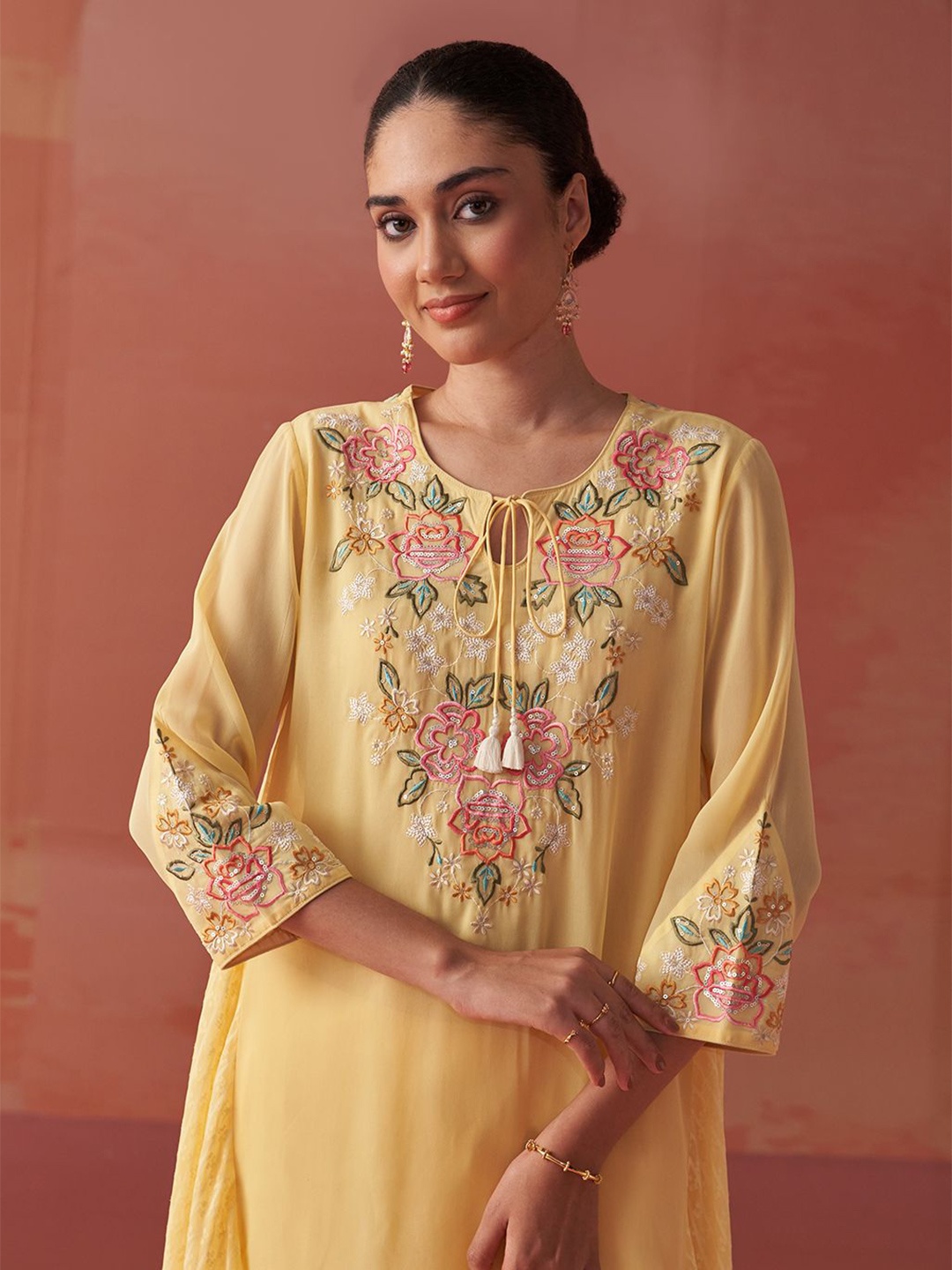 

Lakshita Women Floral Embroidered Thread Work Flared Long Kurti, Yellow