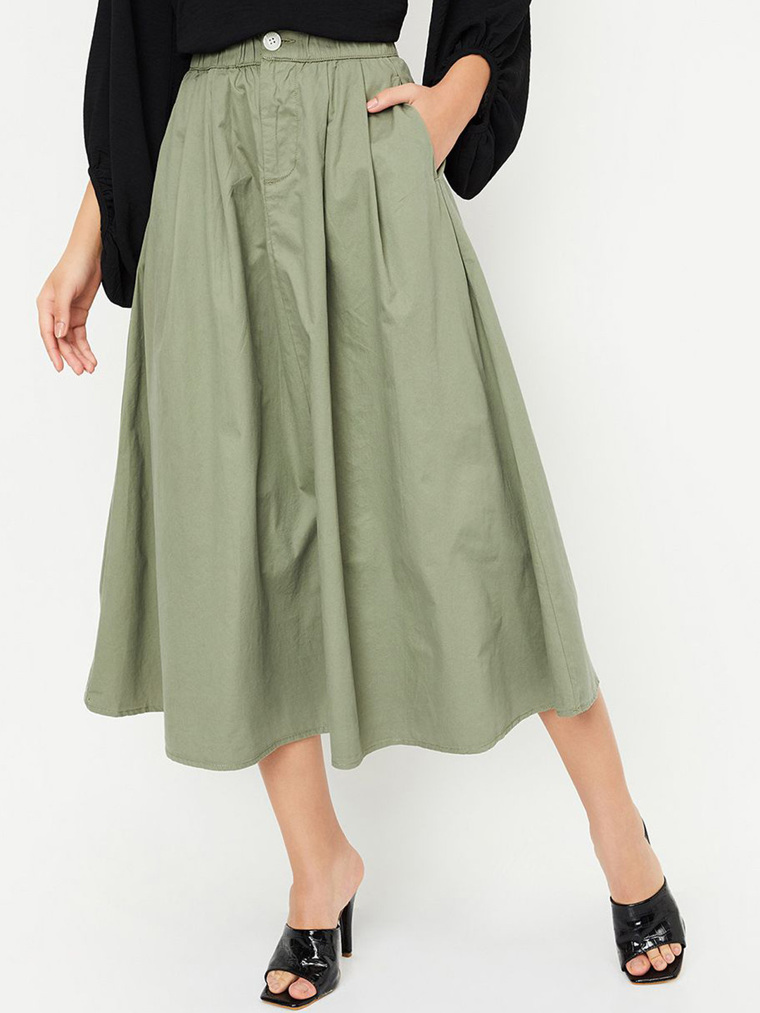 

max Women Solid A-line Midi Skirt, Olive