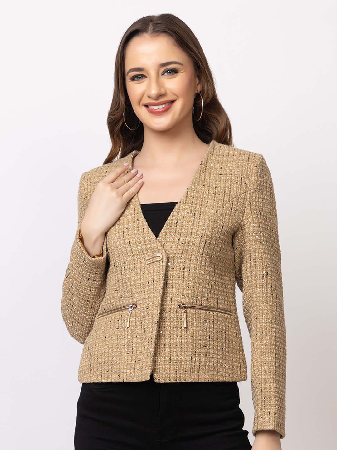 

TWENTY ME Women Woollen Lightweight Crop Outdoor Jacket, Camel brown