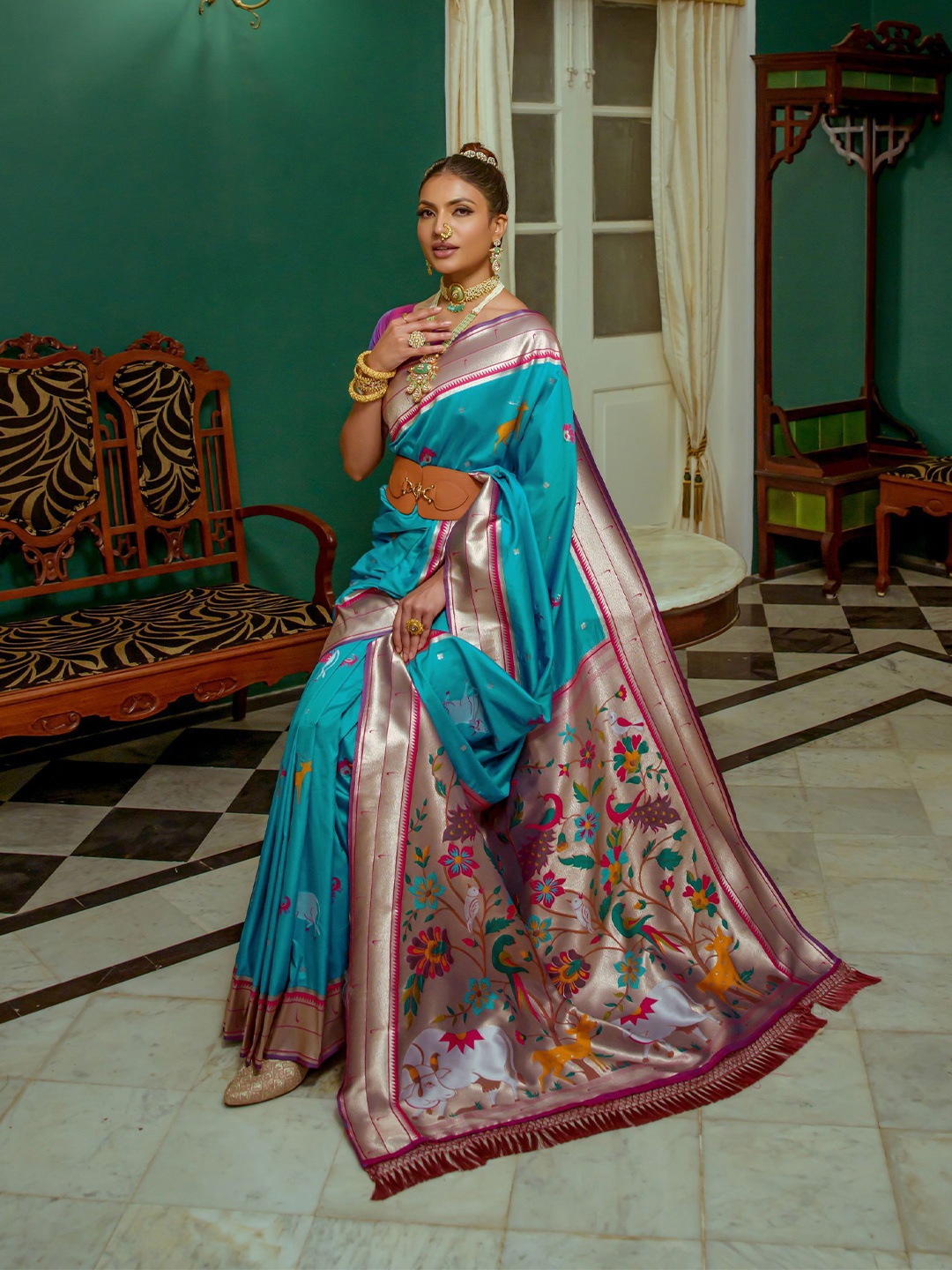 

Kandora Woven Design Zari Pure Silk Paithani Saree, Blue