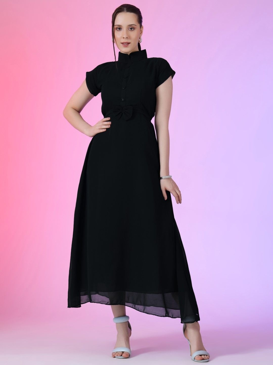 

Raiyani Enterprise Women Shirt Collar Cap Sleeves Georgette Fit & Flare Maxi Dress, Black