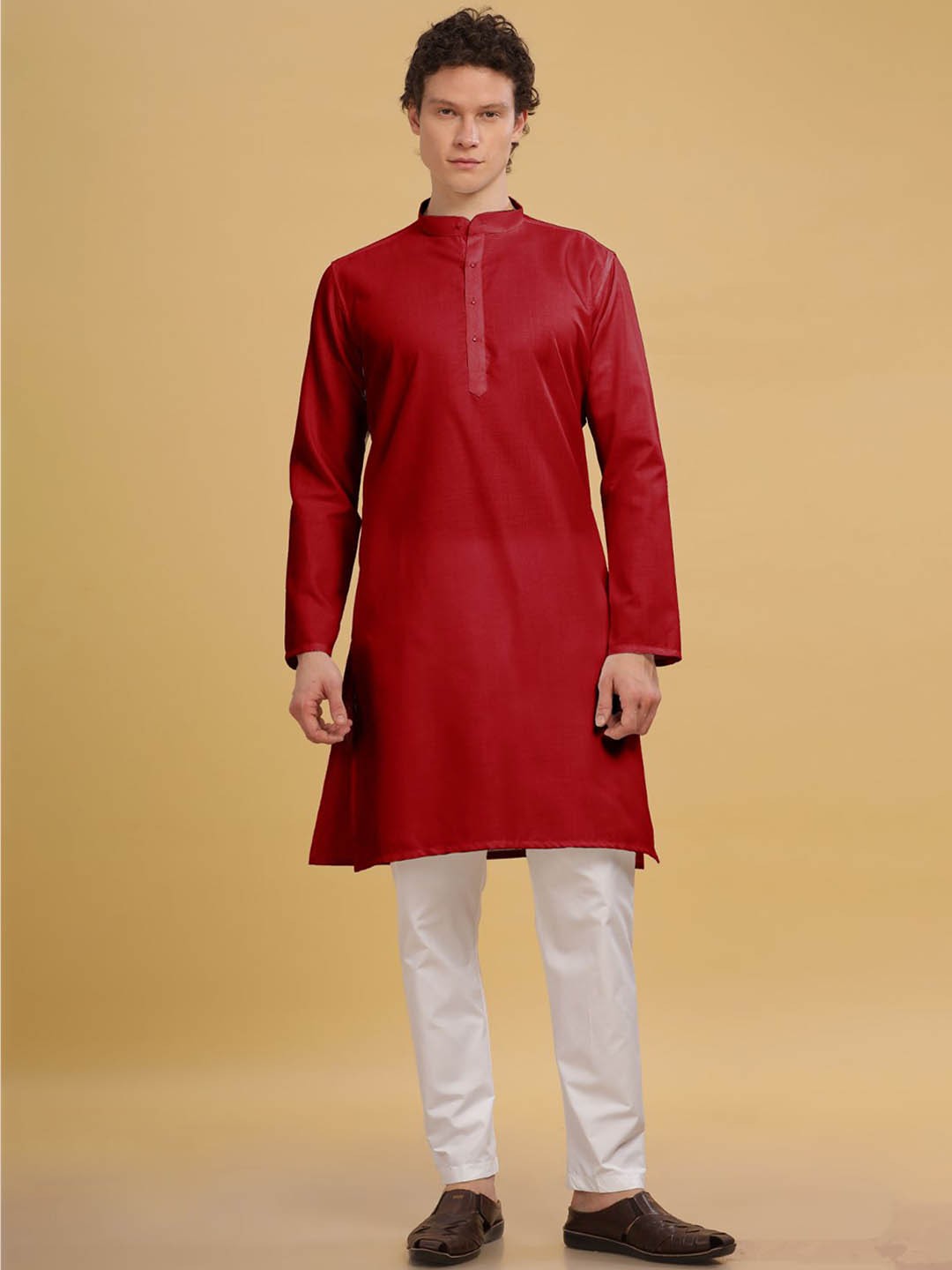 

Anouk Men Yoke Design Flared Sleeves Thread Work Kurta, Red