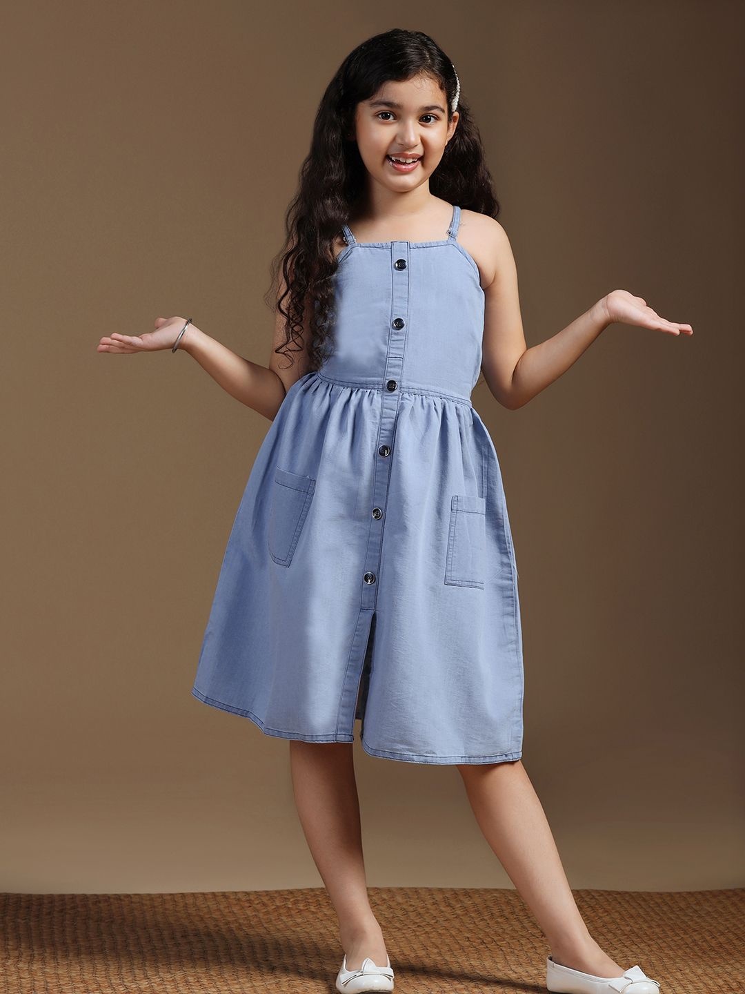 

OMPAX Girls Solid Shoulder Straps Denim Fit & Flare Dress, Blue