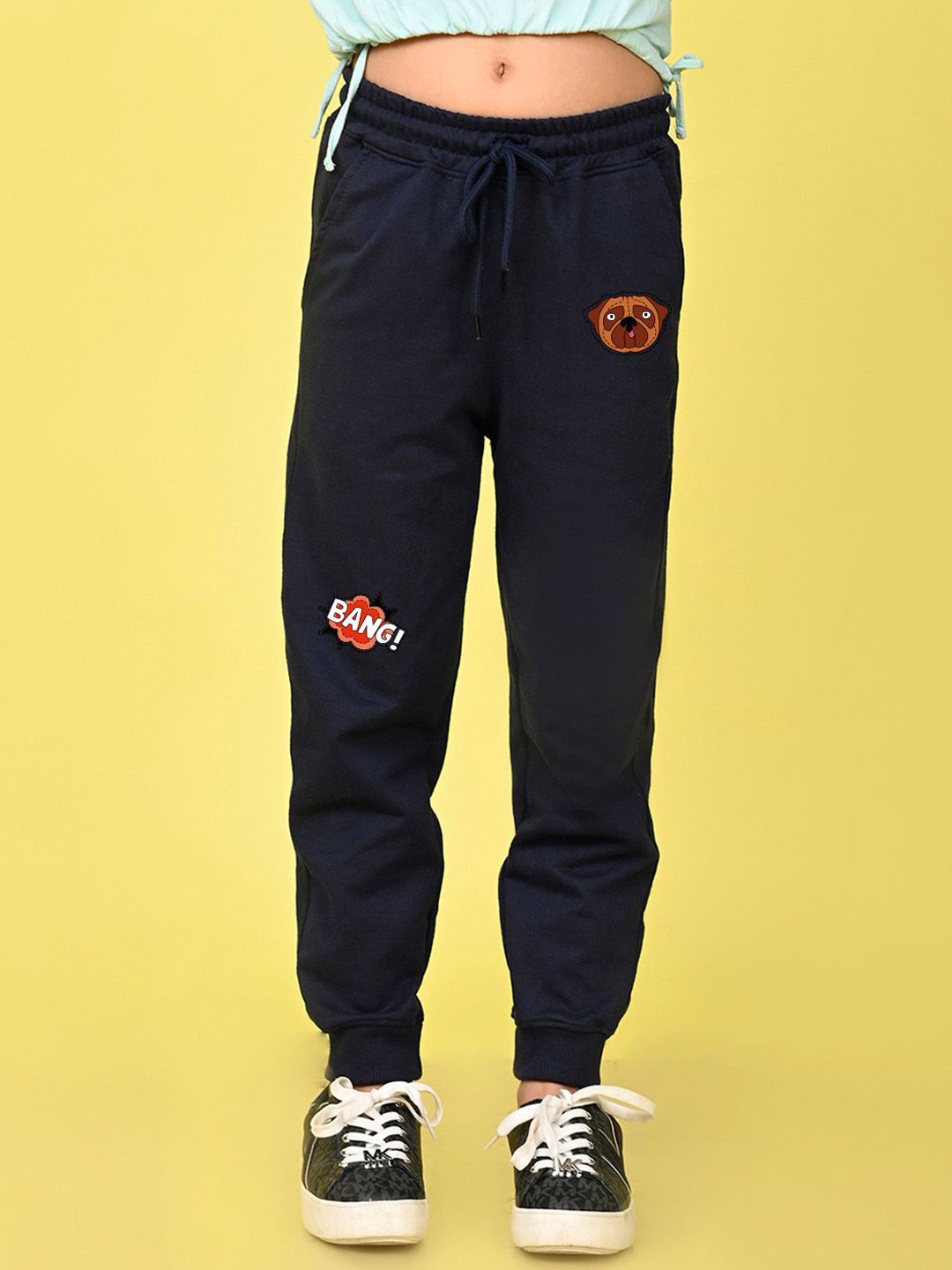 

NUSYL Girls Bang Text Printed Cotton Mid Rise Joggers, Navy blue
