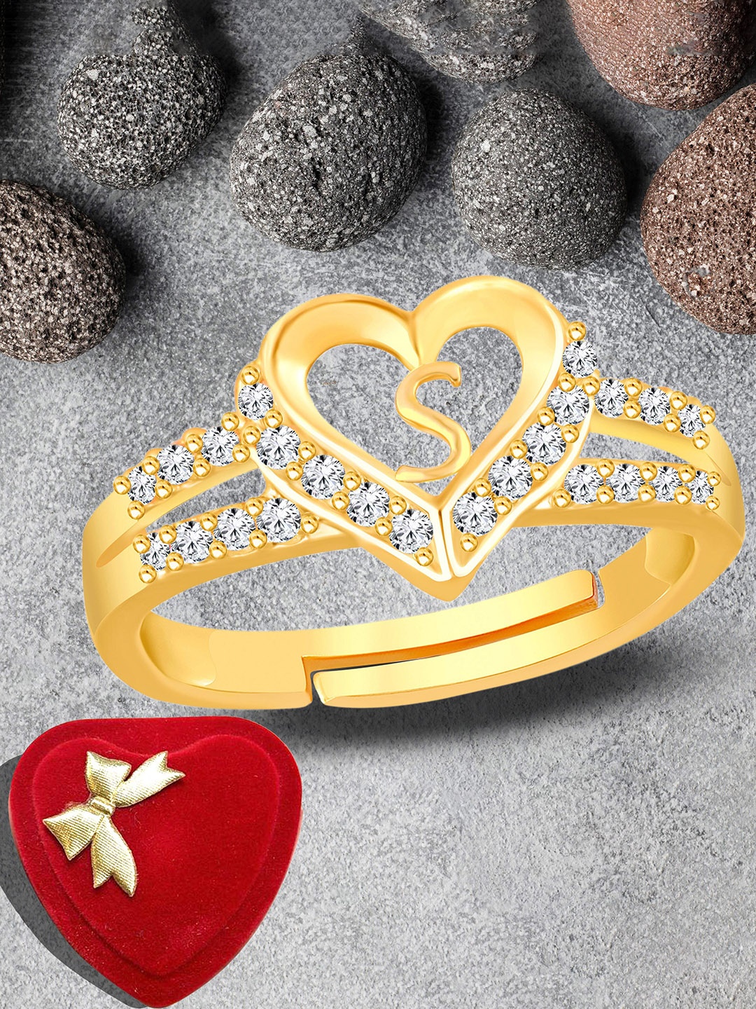

Lila Gold-Plated American Diamond Stone Studded Alphabet S Adjustable Finger Ring