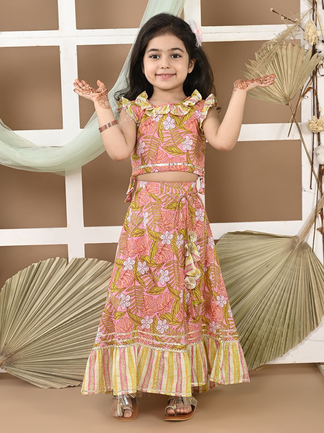 

LIL PITAARA Girls Floral Printed Cotton Ready to Wear Lehenga Choli, Peach