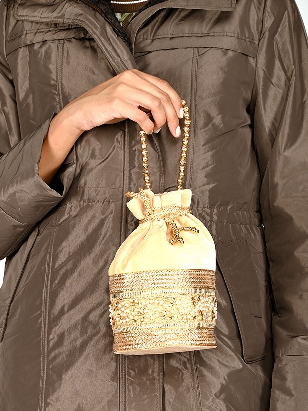 

ODETTE Embellished Potli Clutch, Beige