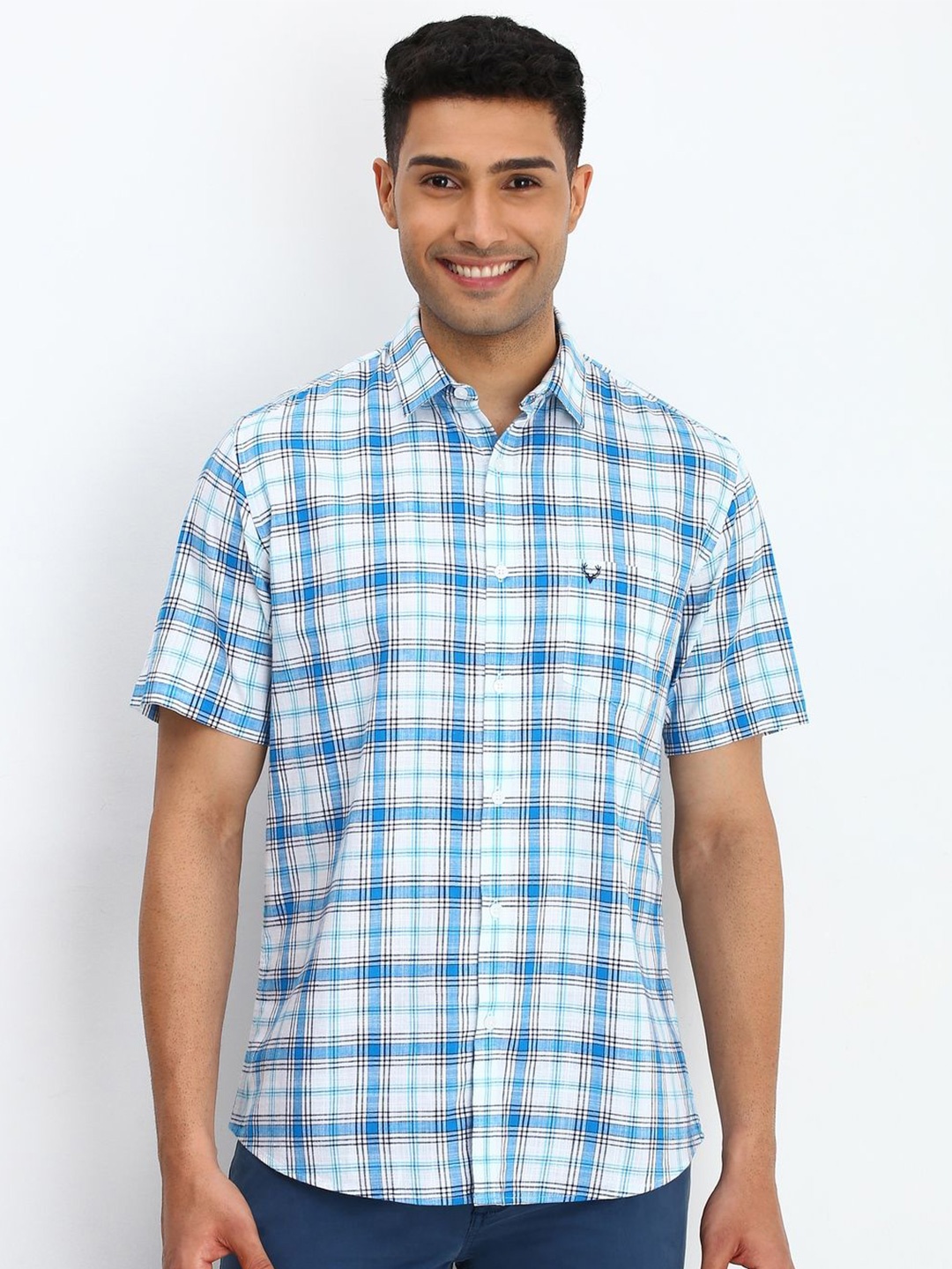 

Allen Solly Men Spread Collar Checked Cotton Slim Fit Casual Shirt, Blue