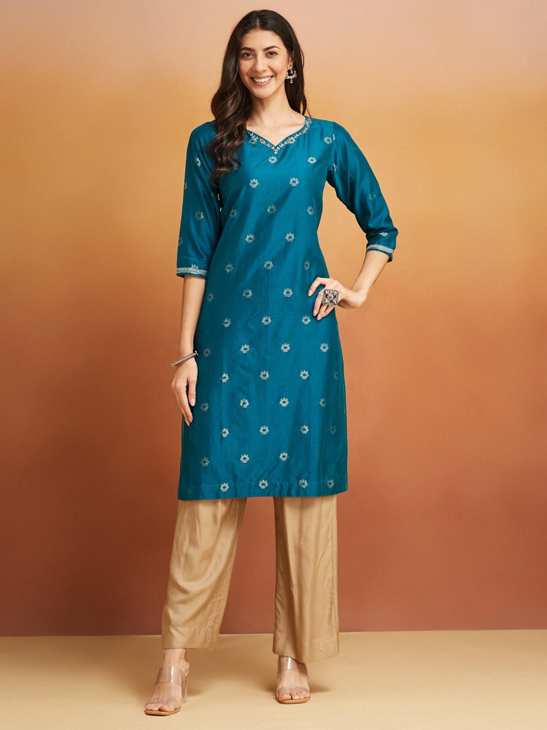 

Fabindia Women Embroidered Thread Work Kurta, Teal