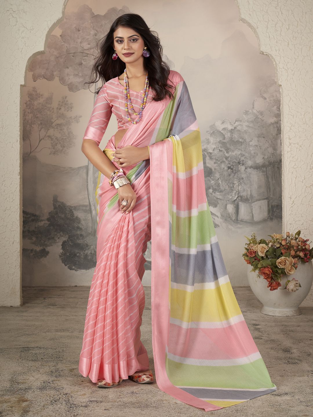 

CHUDIYA Leheriya Pure Chiffon Leheriya Saree, Peach