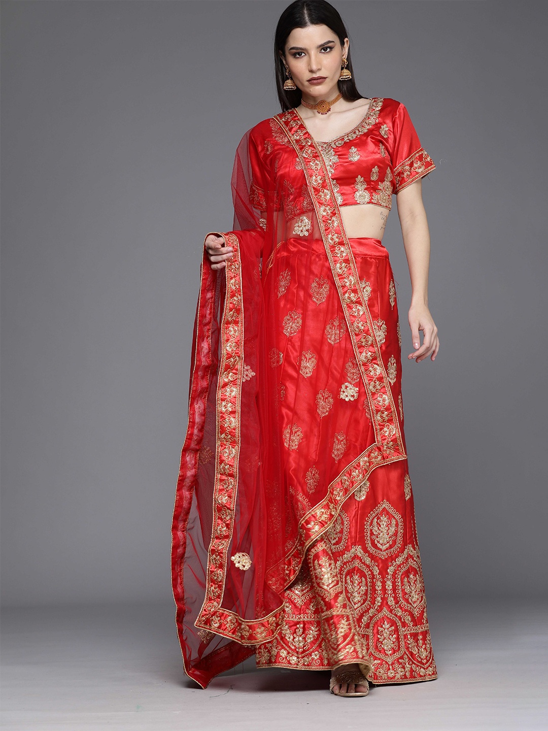 

Maroosh Embellished Beads and Stones Unstitched Lehenga & Blouse With Dupatta, Red