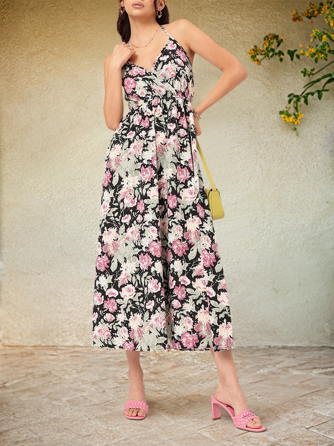 

DressBerry Floral Finesse Halter Neck A-Line Midi Dress, Black