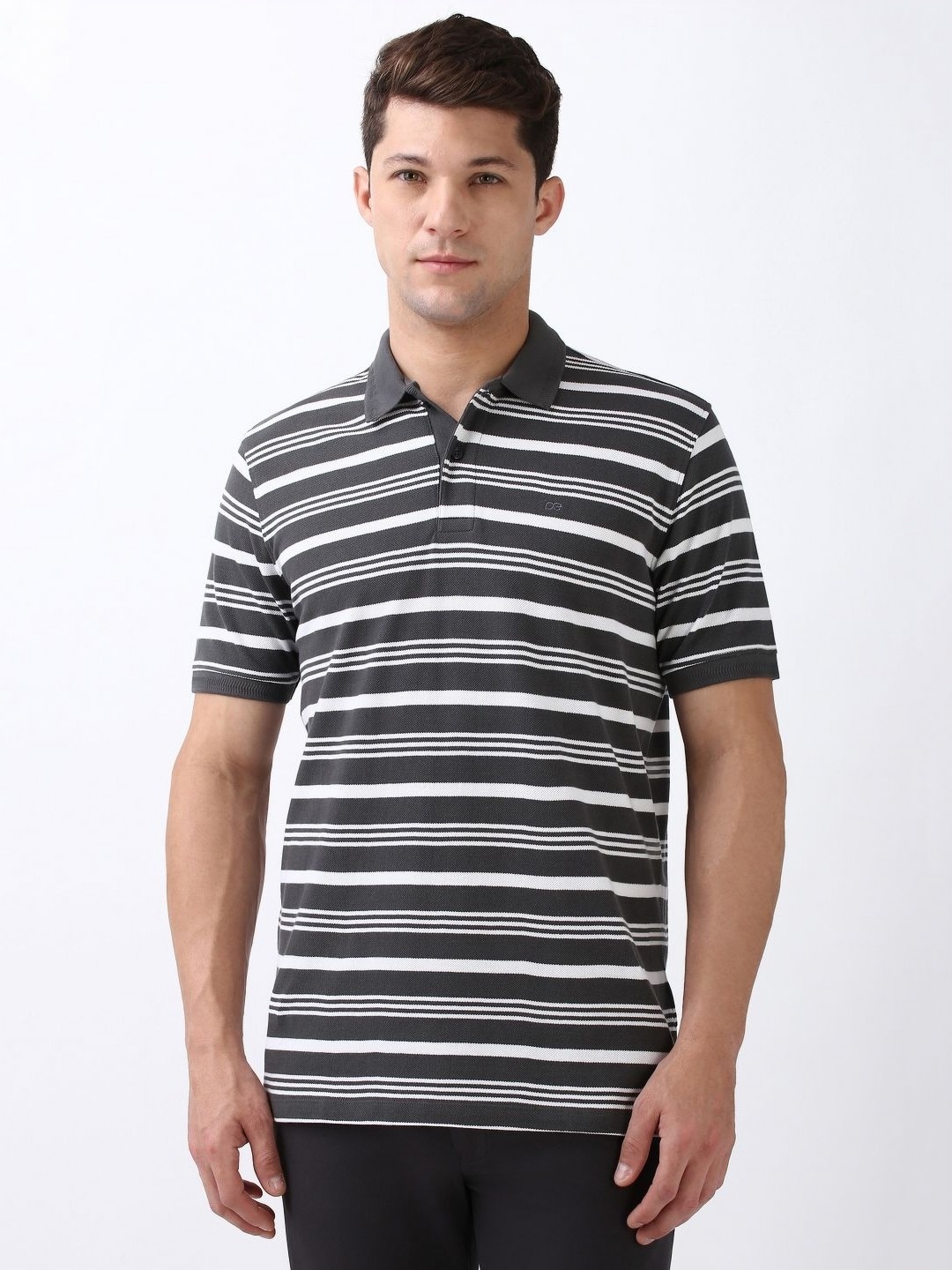 

Peter England Men Striped Polo Collar Cotton T-shirt, Black