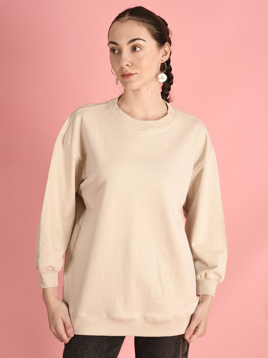 

Bene Kleed Women Solid Round Neck Cotton Pullover Sweatshirt, Beige