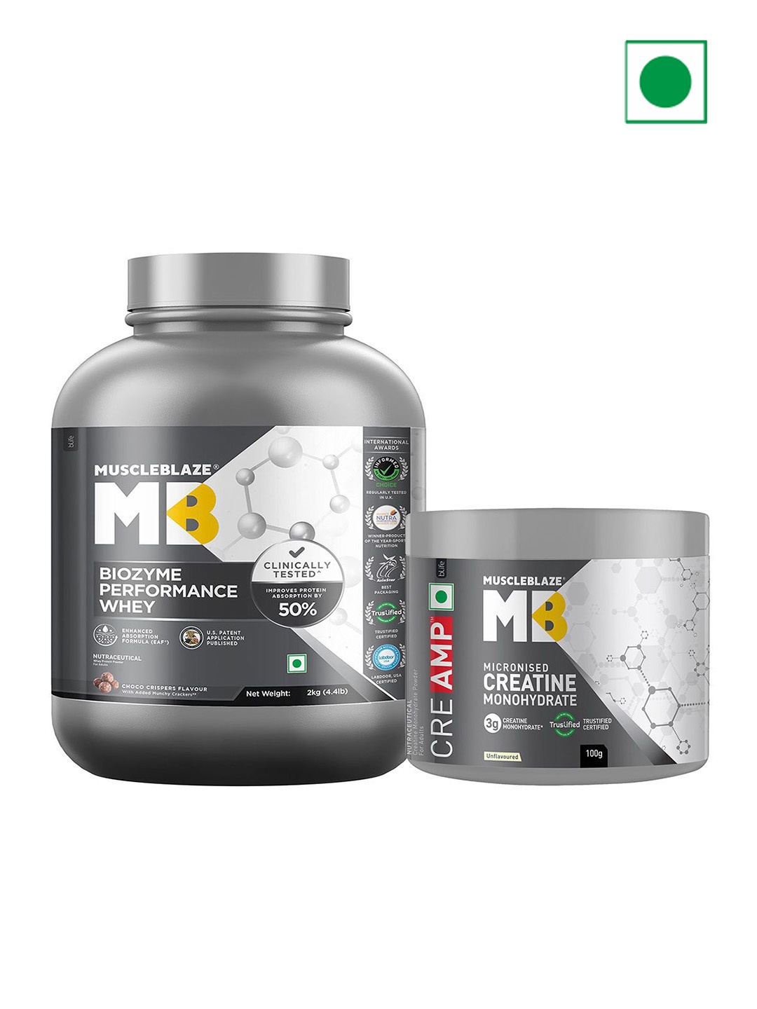 

MuscleBlaze Set Of 2 Biozyme Performance Whey Protein - 2 kg & Creatine Monohydrate - 100g, Brown