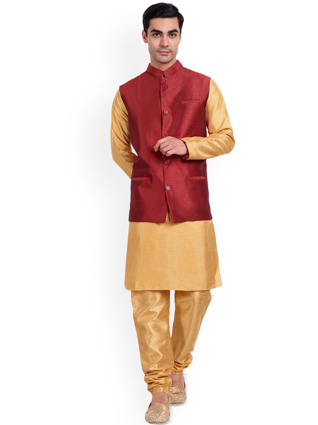 

Enciger Men Regular Dupion Silk Kurta with Churidar Pajama with Nehru Jacket, Red