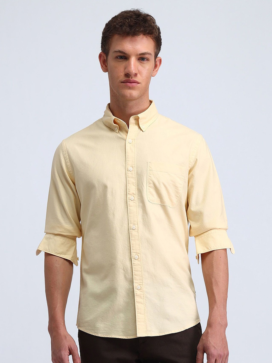 

Flying Machine Men Button-Down Collar Solid Cotton Casual Shirt, Yellow