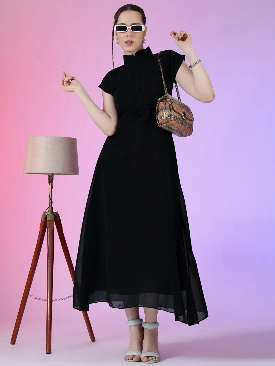 

Femvy Women Mandarin Collar Cap Sleeves Maxi Dress, Black