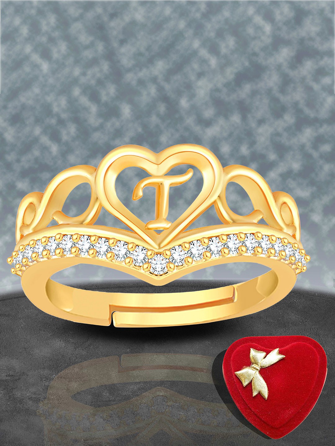 

Lila Gold-Plated AD-Studded Letter T Adjustable Ring