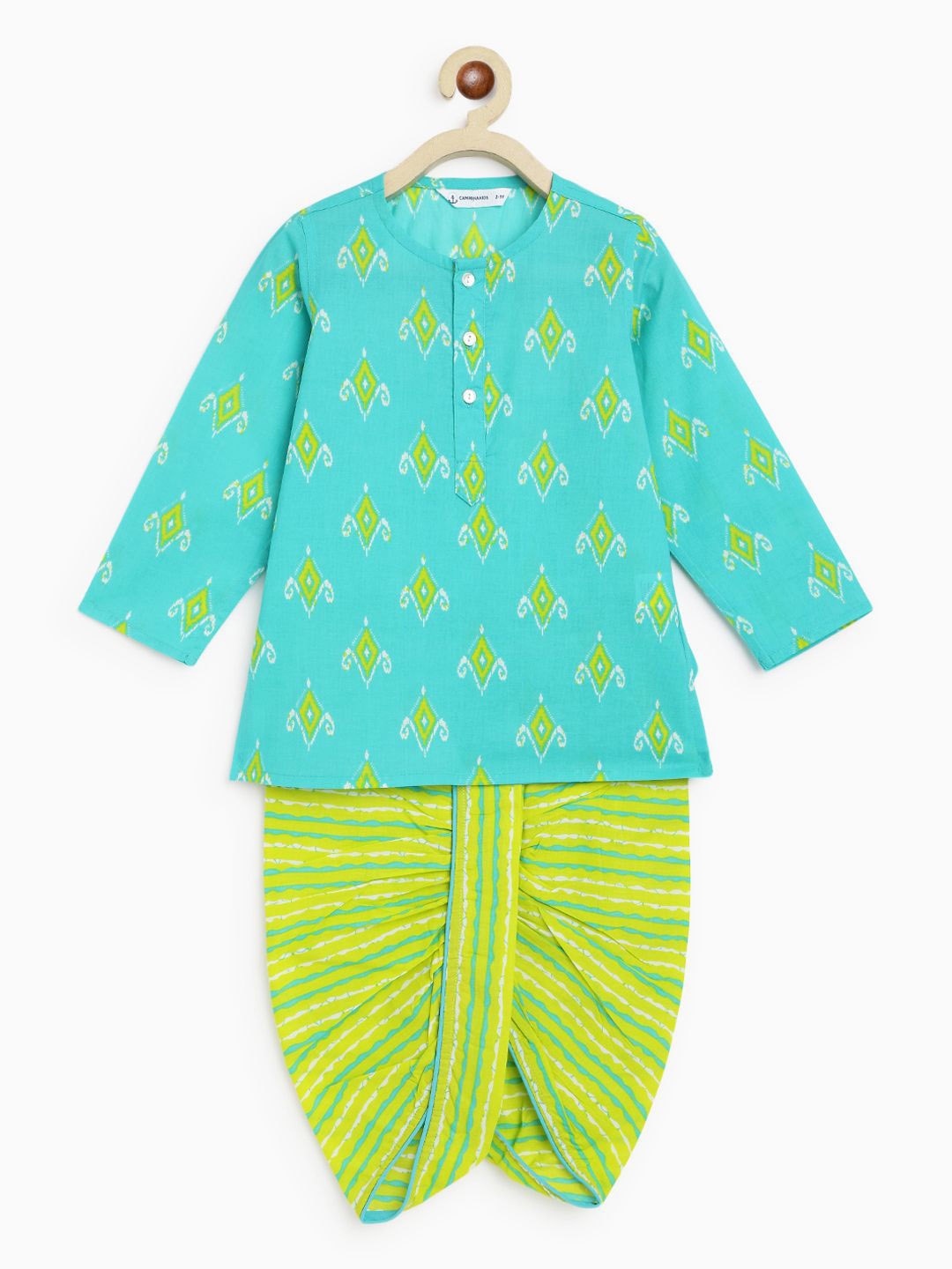 

Campana Boys Printed Regular Pure Cotton Kurta with Dhoti Pants, Turquoise blue