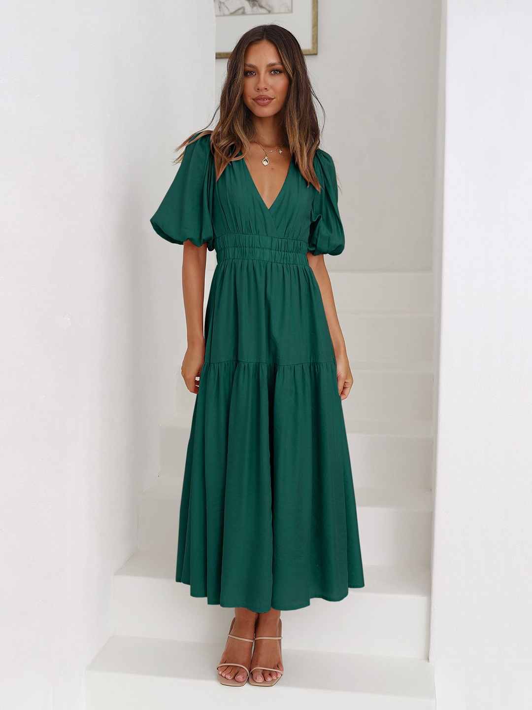 

HERE&NOW Flutter Sleeve Fit & Flare Midi Dress, Green