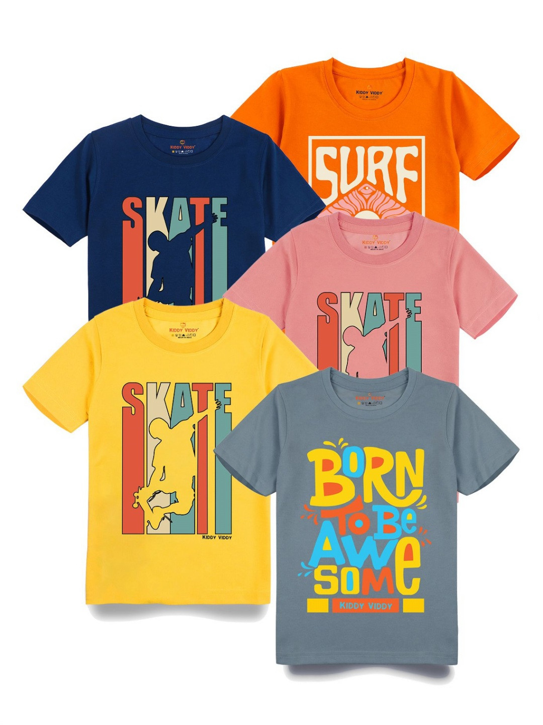 

AUSK Boys Pack Of 5 Graphic Printed Round Neck Cotton T-shirts, Yellow