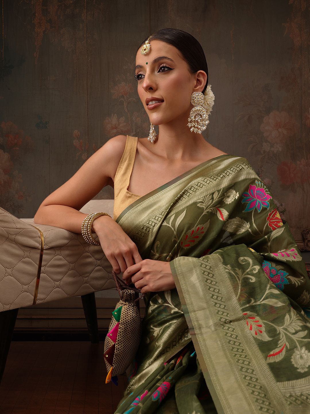 

Silk Land Floral Printed Woven Design Zari Pure Cotton Saree, Green