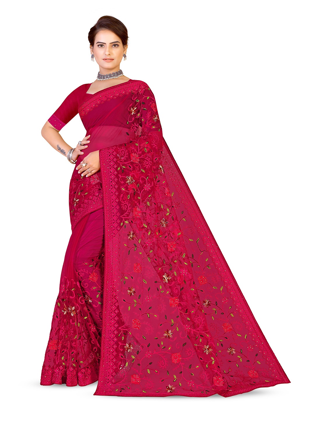 

Maroosh Floral Embroidered Net Saree, Red