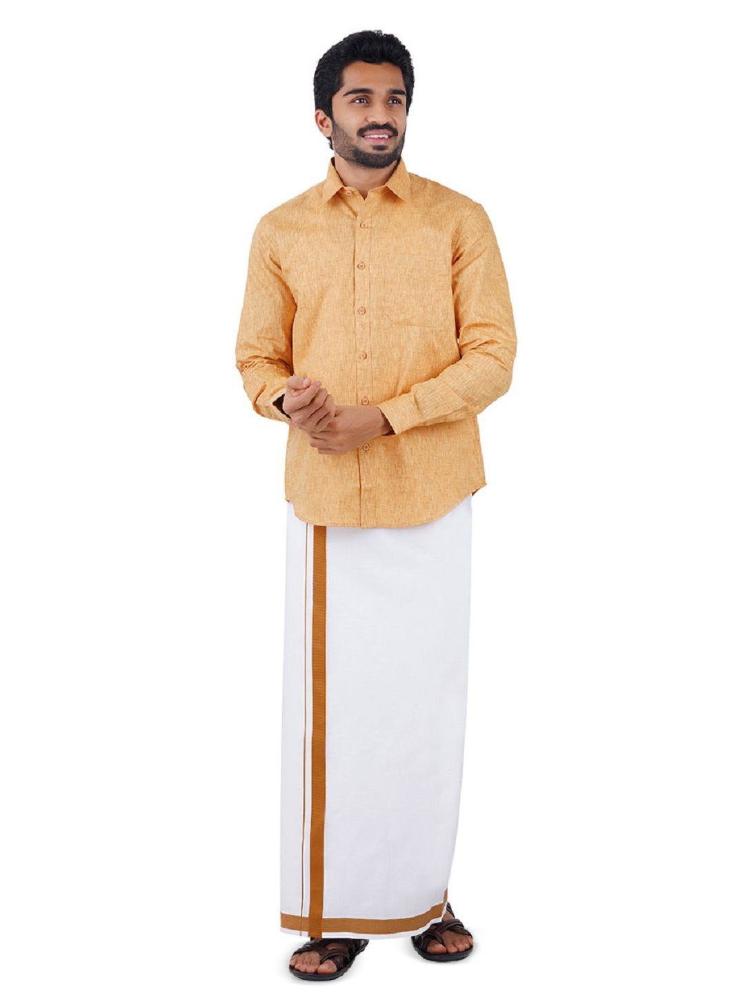 

Ramraj Men Pure Cotton Shirt With Adjustable Dhoti, Orange