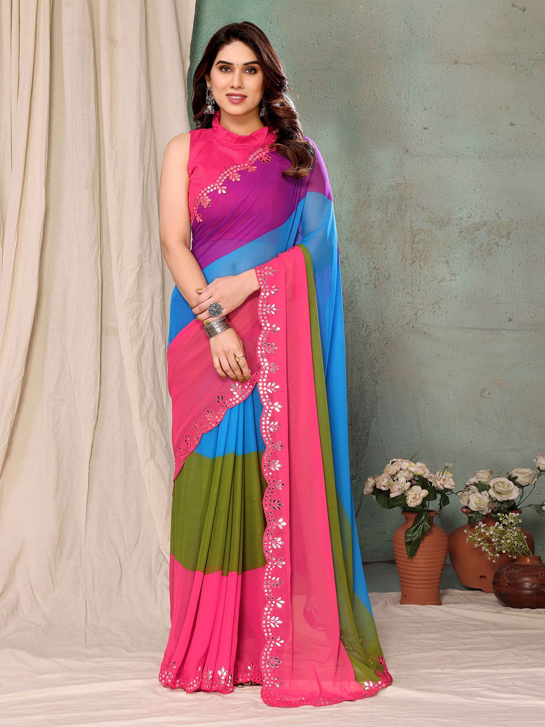 

Shee Star Colourblocked Mirror Work Saree, Blue
