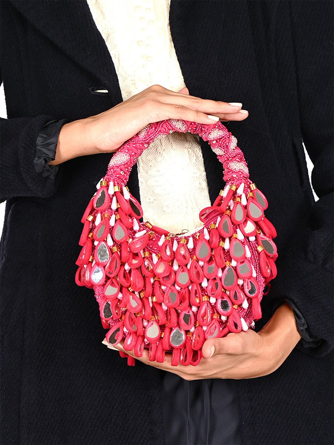 

ODETTE Embellished Tasseled Half Moon Clutch, Magenta