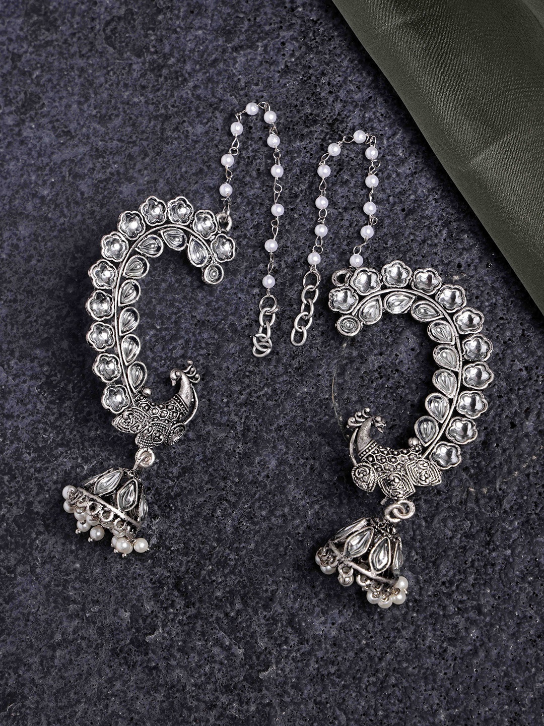 

PANASH Silver Plated Kundan Studded Peacock Shaped Jhumkas Earrings