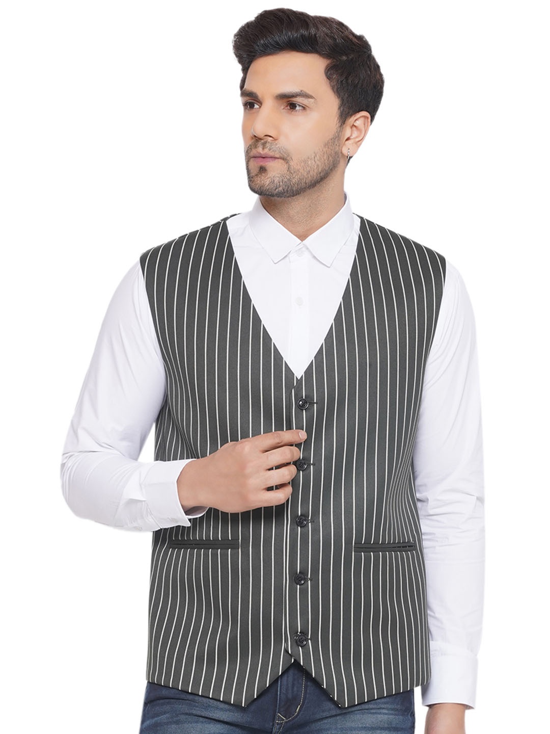 

VEERA PARIDHAAN Striped Woven Waistcoat, Grey