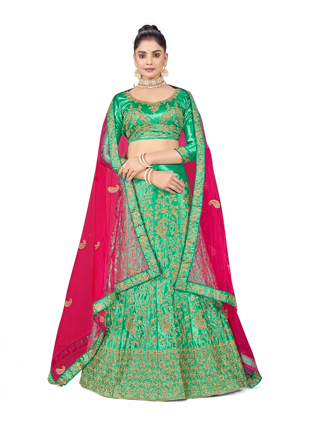 

Maroosh Embroidered Thread Work Unstitched Lehenga & Blouse With Dupatta, Green