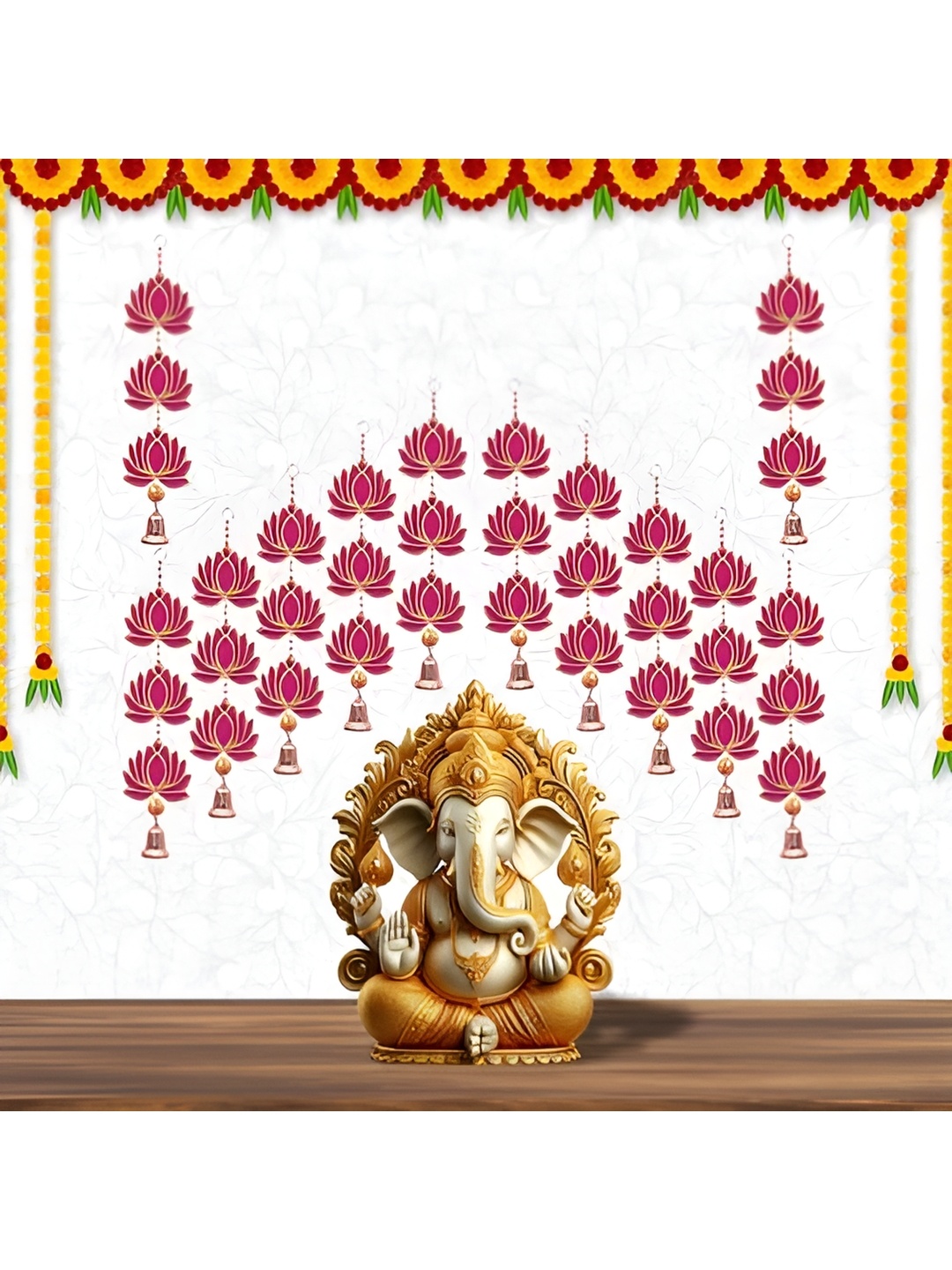 

Perpetual 12 Pieces Pink & Yellow Wooden Lotus Hanging Toran Festive Decor