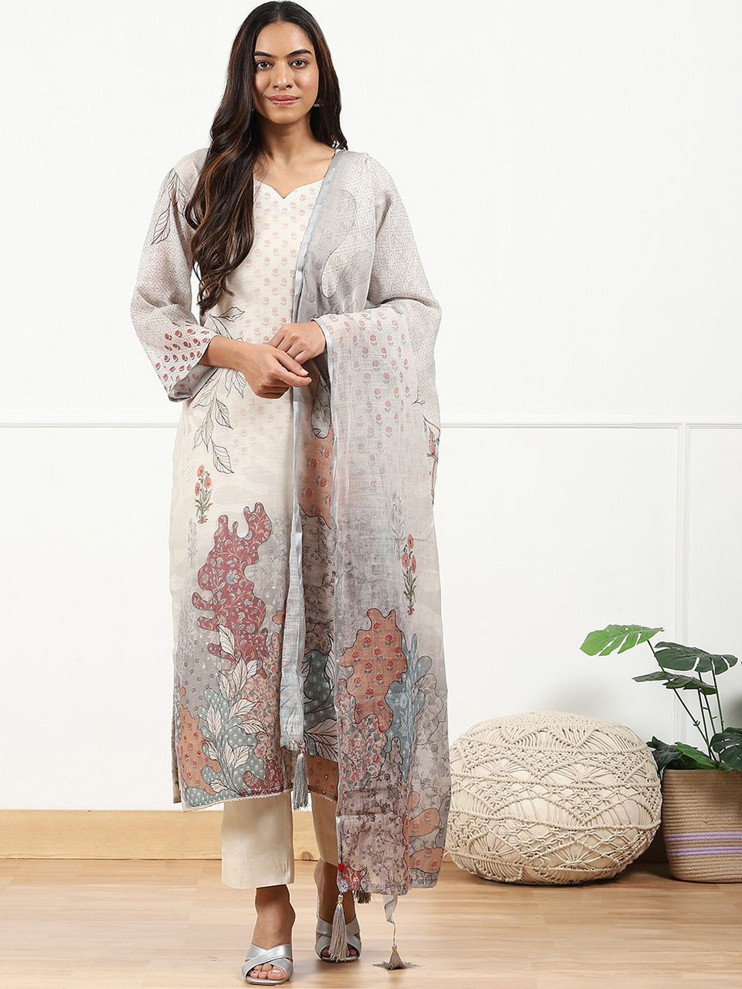 

Biba Linen Unstitched Dress Material, Beige