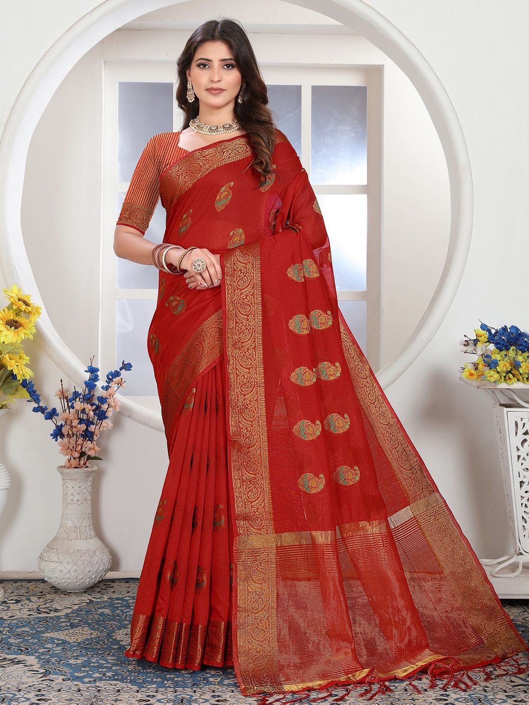 

MAHALASA Ethnic Motifs Zari Pure Cotton Saree, Red