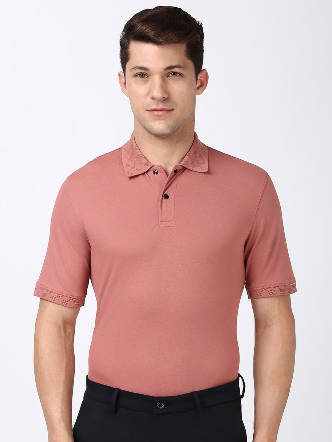 

Peter England Men Solid Polo Collar Cotton T-shirt, Peach