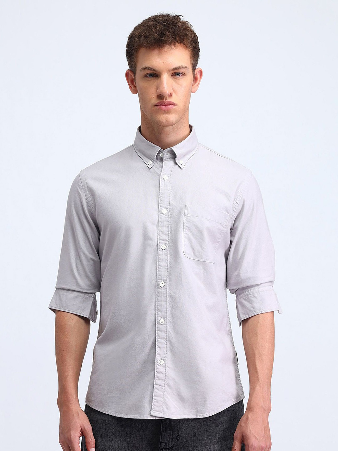 

Flying Machine Men Button-Down Collar Solid Cotton Casual Shirt, Grey