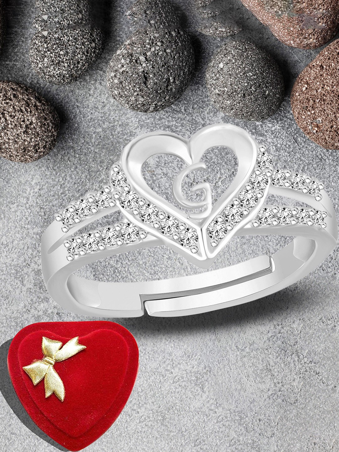 

Lila Unisex Silver-Plated American Diamond Studded G Alphabet Detail Adjustable Ring