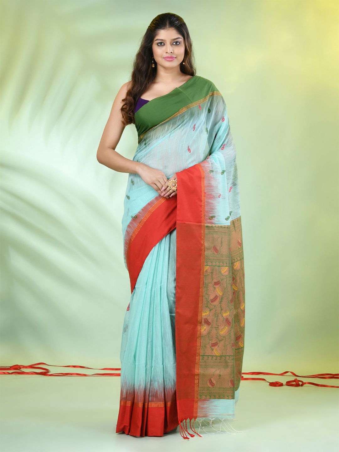 

Charukriti Ethnic Motifs Woven Design Zari Ikat Saree, Sea green