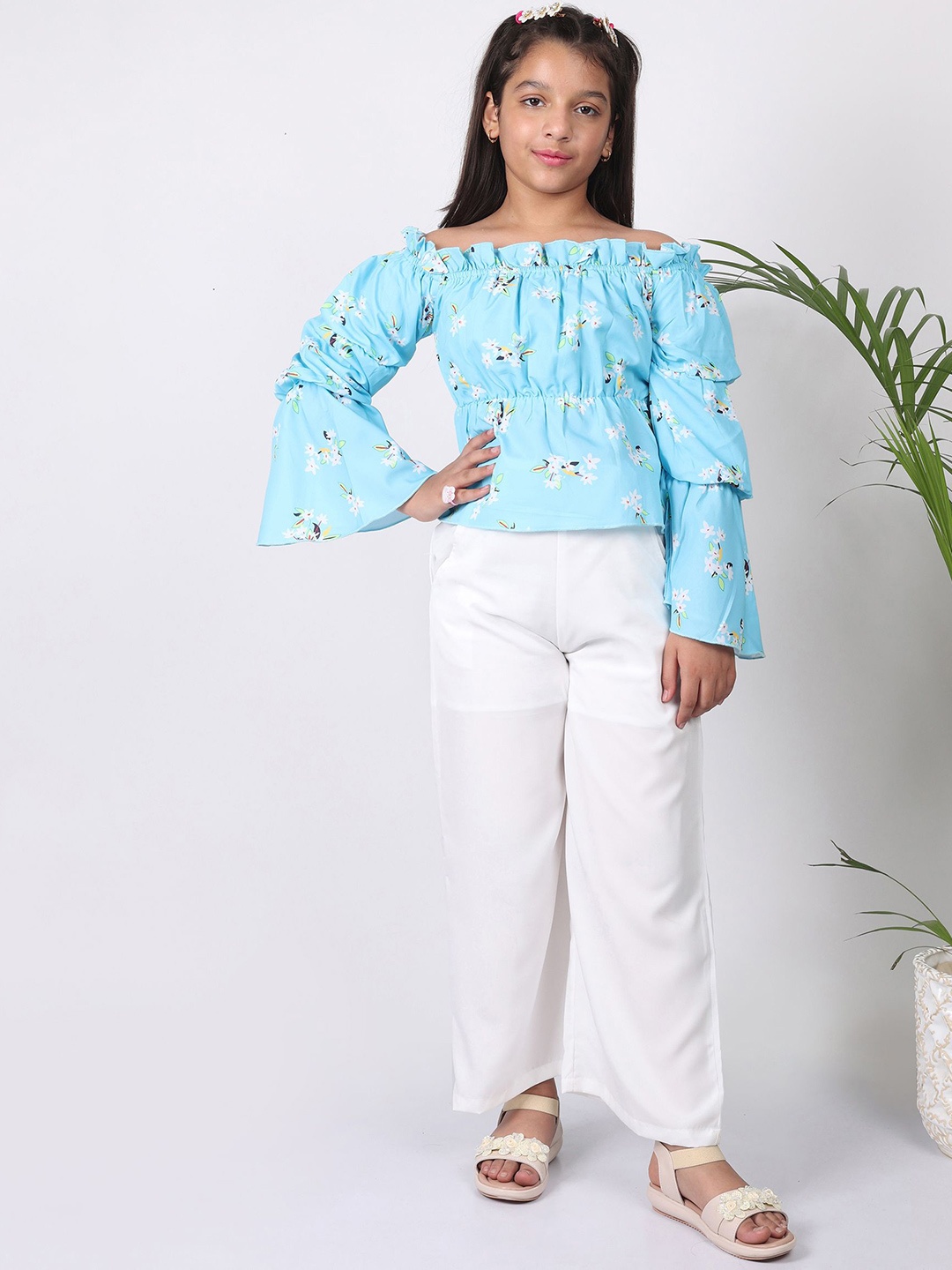 

SILK SPARROW Girls Printed Top with Palazzos, Turquoise blue