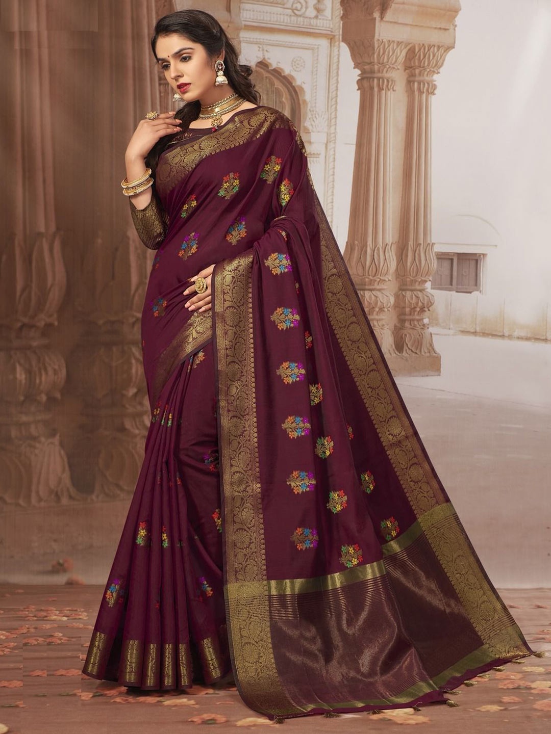 

MAHALASA Woven Design Zari Pure Cotton Banarasi Saree, Maroon